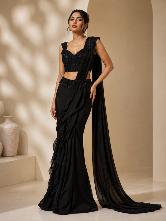 Black Shimmer Indo-Western Saree