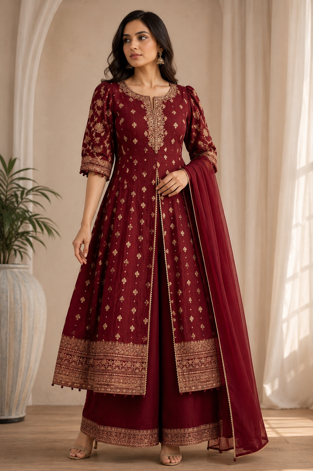 Royal Red embroidered Anarkali suit set with palazzo pants and dupatta