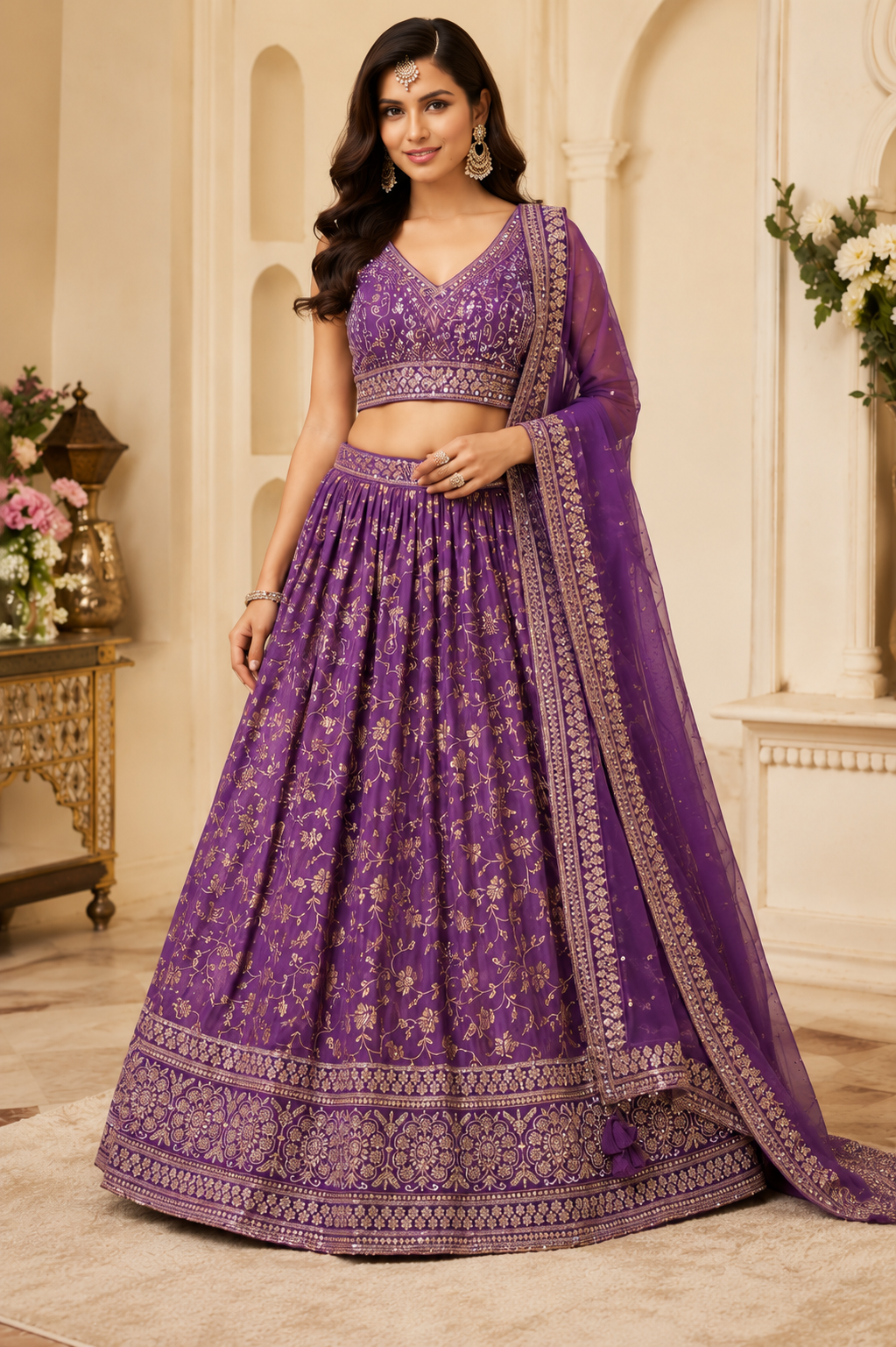 A woman models a purple embroidered traditional Indian lehenga choli set with a matching dupatta in an elegant indoor setting with beige walls and arches.