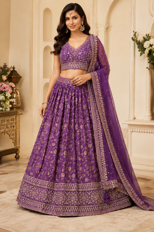 A woman models a purple embroidered traditional Indian lehenga choli set with a matching dupatta in an elegant indoor setting with beige walls and arches.