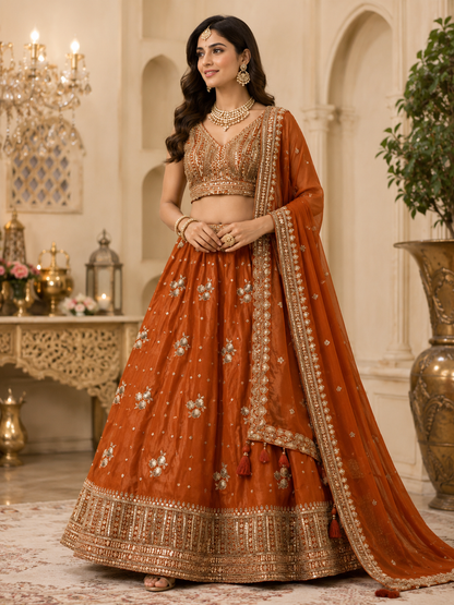 Rust orange vintage zari lehenga choli set with dupatta
