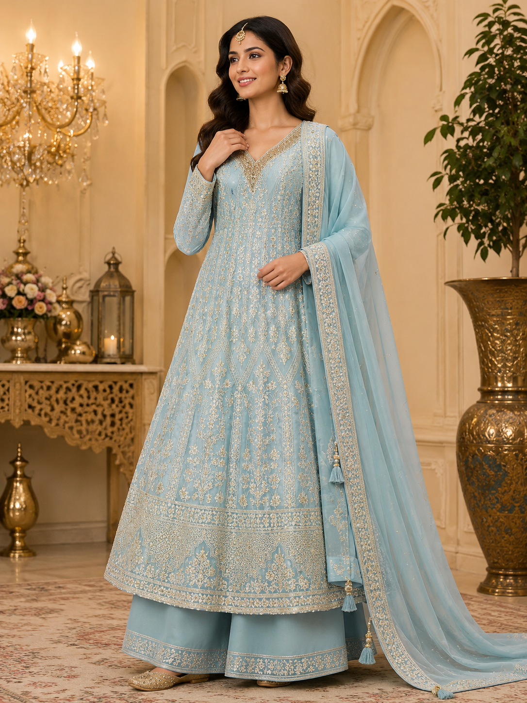 Pastel blue embroidered Anarkali suit with palazzo and dupatta