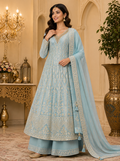 Pastel blue embroidered Anarkali suit with palazzo and dupatta