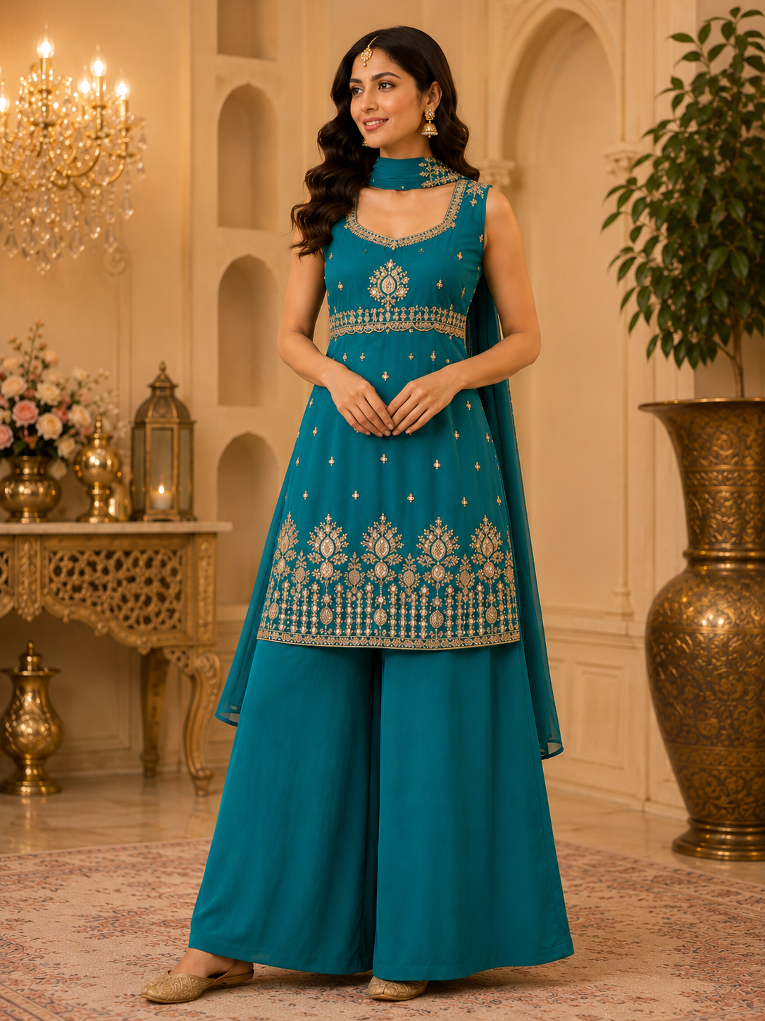 Teal blue embroidered kurta and palazzo set with necklace-style dupatta