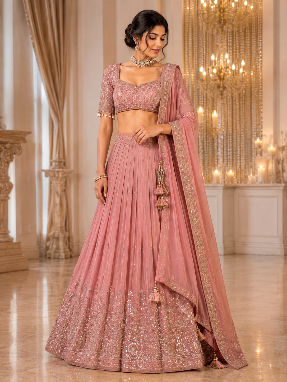 A woman models a dusty pink embellished Indian ethnic lehenga choli set in an elegant indoor setting with chandeliers and curtains.