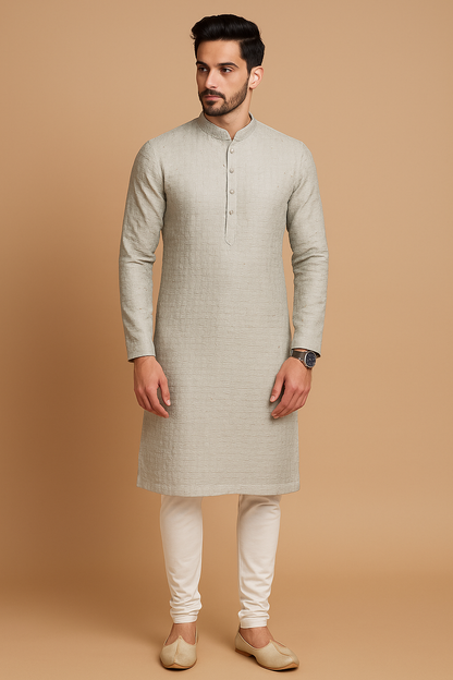 Platinum Grey Textured Embroidered Kurta Set – Luxe Collection 9083