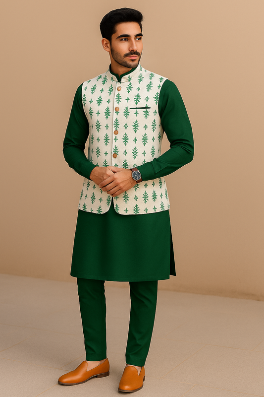 Royal Green Kurta Set with Ivory Threaded Koti - 1482