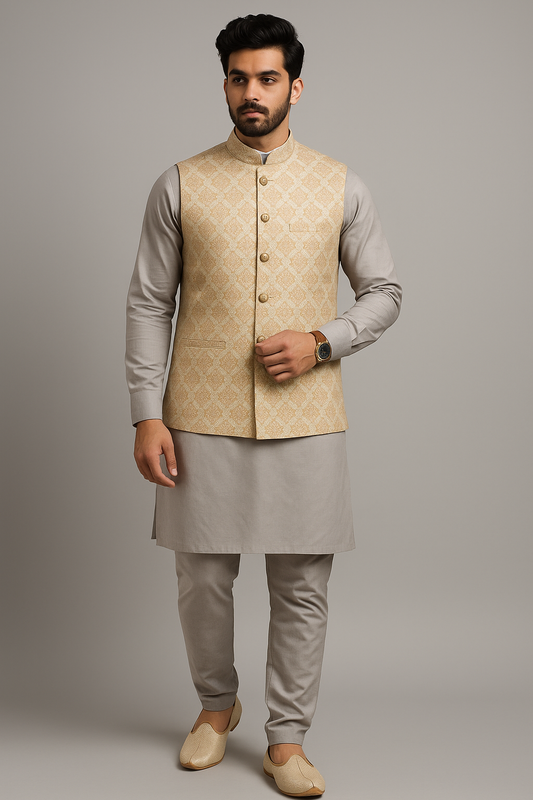 Regal Beige Brocade Koti Kurta Set – Elegant Light Grey Ensemble for Men
