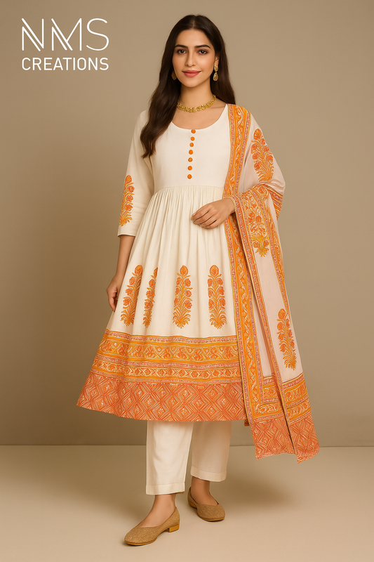 White Marigold Anarkali Set – 3 Piece (Code: NMS3827)