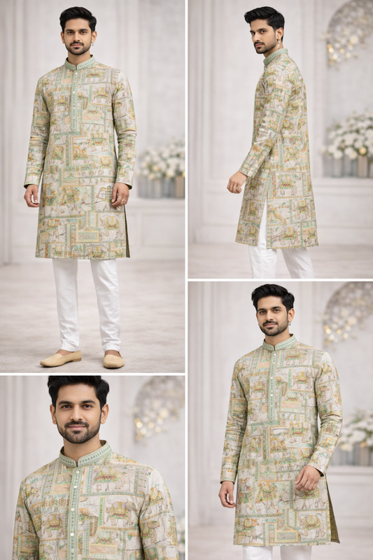 Collage of a man wearing a traditional kurta with a geometric pattern in multiple poses.