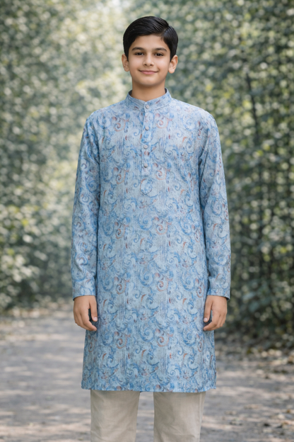 Boys Firozi Blue Printed Kurta Set