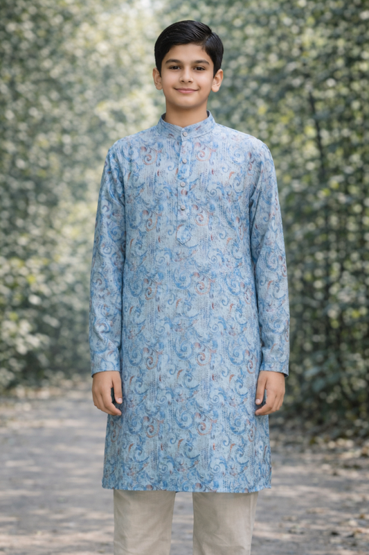 Boys Firozi Blue Printed Kurta Set