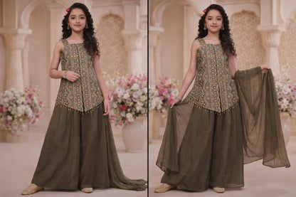 Girl in olive green ethnic festive outfit with embroidered kurti, palazzo pants, and dupatta