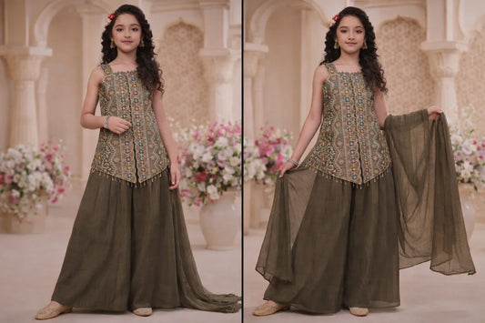 Girl in olive green ethnic festive outfit with embroidered kurti, palazzo pants, and dupatta