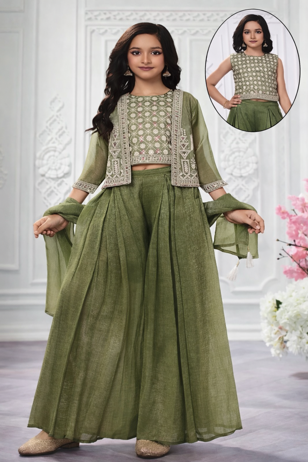 Girl in olive green festive ethnic set with embroidered top, sheer jacket, and palazzo pants