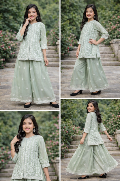 Girls Sage Green Embroidered Kurta Palazzo Set