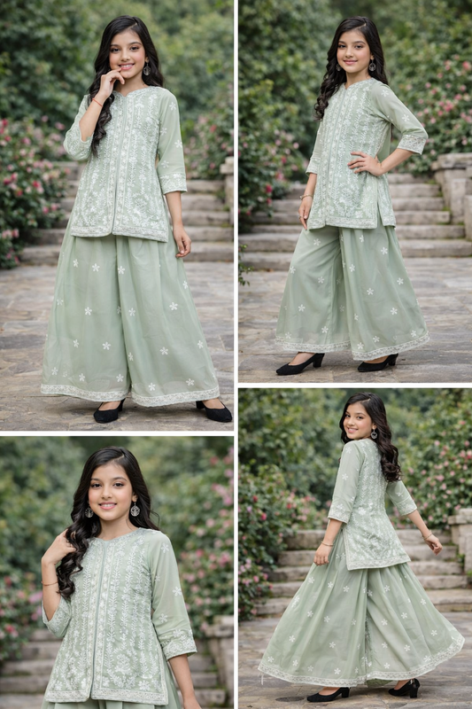 Girls Sage Green Embroidered Indo-Western Kurta & Plazo Set