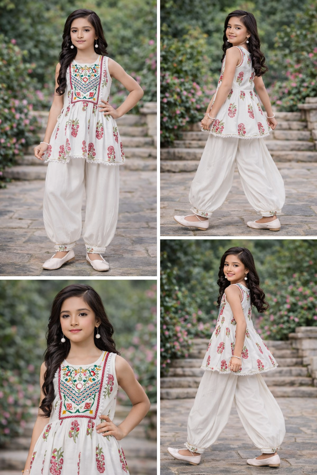 Young girl in a traditional outfit with floral patterns in multiple poses outdoors.