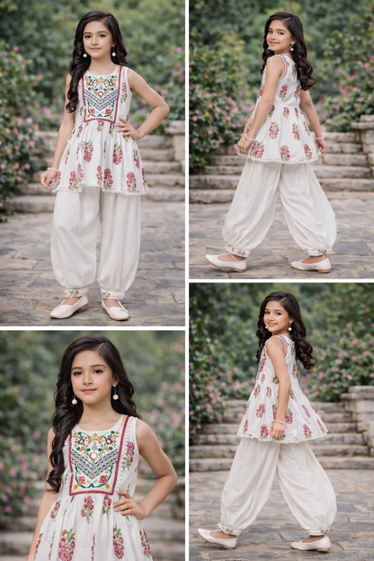 Young girl in a traditional outfit with floral patterns in multiple poses outdoors.