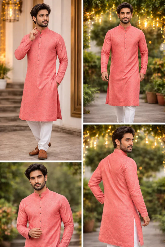 Men’s Coral Pink Jacquard Kurta