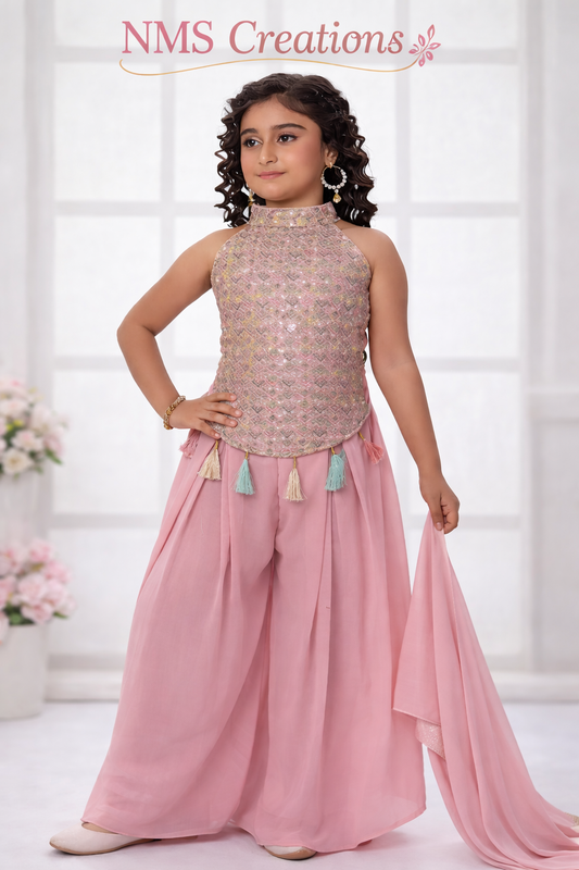 Girls Blush Pink Embellished Indo Western Set