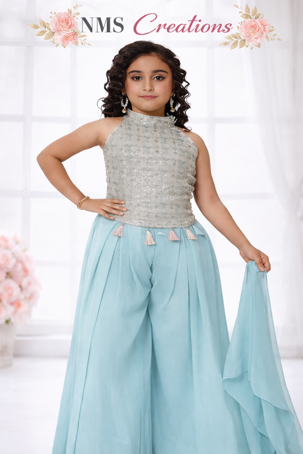 Girls Ice Blue Mirror Work Indo Western Set