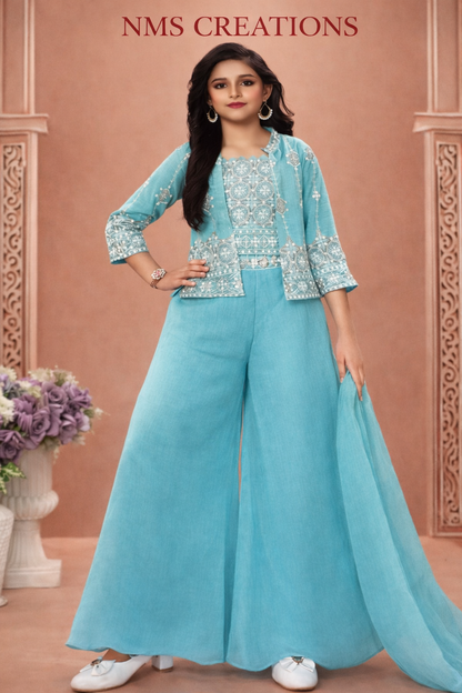 Girls Aqua Blue Embroidered Indo Western Set