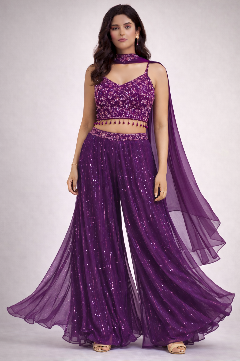 Dark Purple Embellished Palazzo Set (3-Piece)