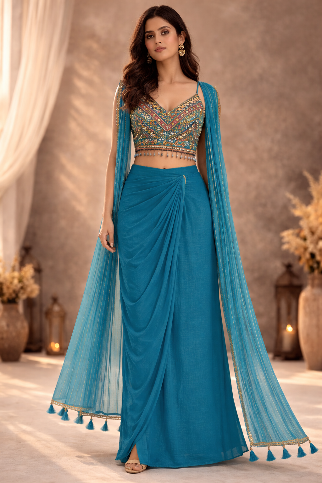 Stone Blue Indo-Western Draped Skirt Set (3-Piece)