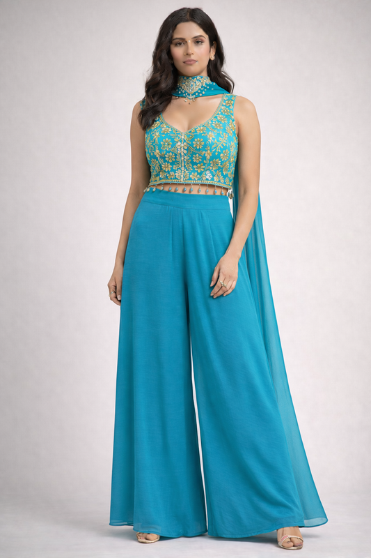 Blue Embroidered Indo-Western Palazzo Set (3-Piece)