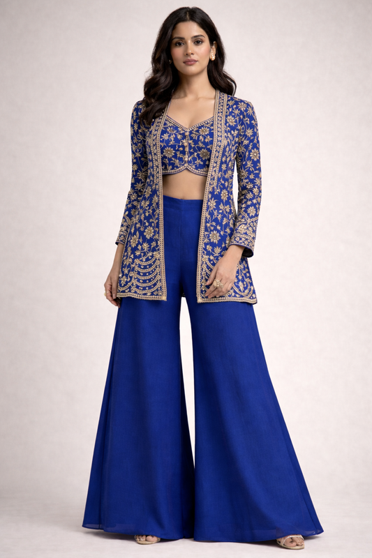 Teal Blue Embroidered Indo-Western Palazzo Set (3-Piece)