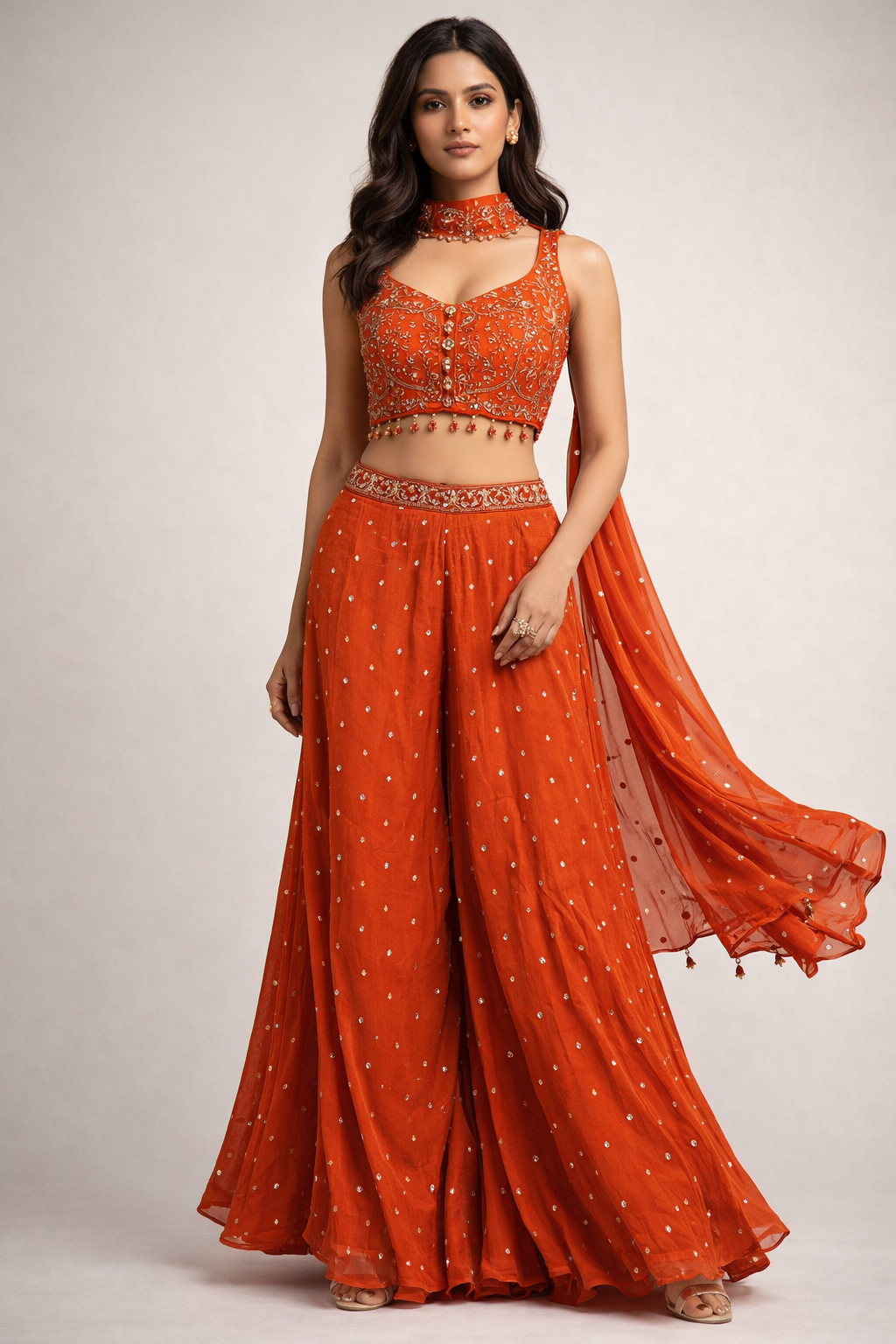 Vibrant Orange Indo-Western Palazzo Set (3-Piece)