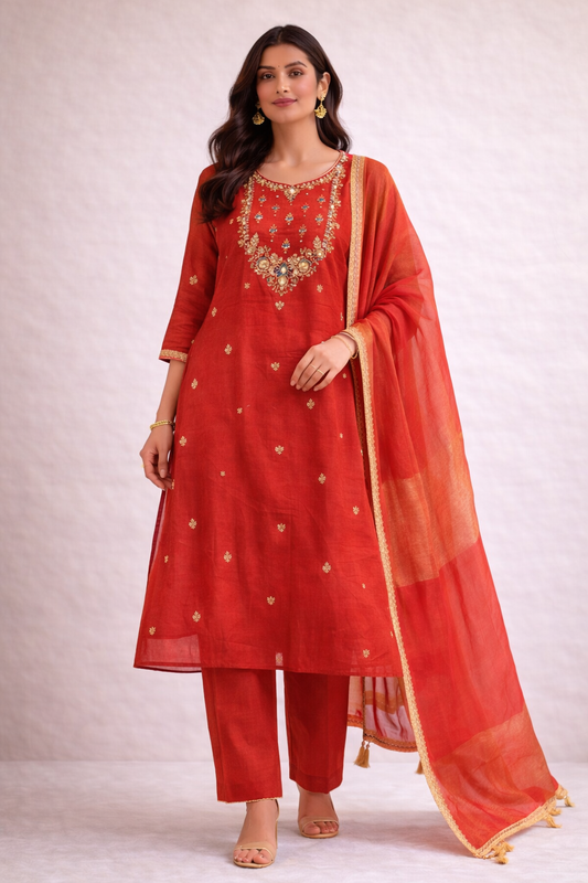 Scarlet Red Embroidered Festive Suit Set (3-Piece)