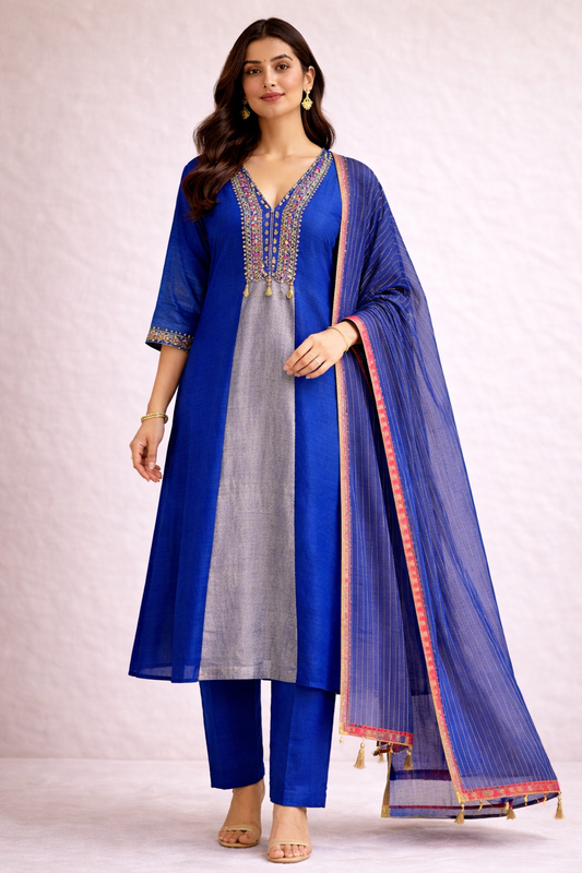 Teal Blue Embroidered Kurta Suit Set (3-Piece)