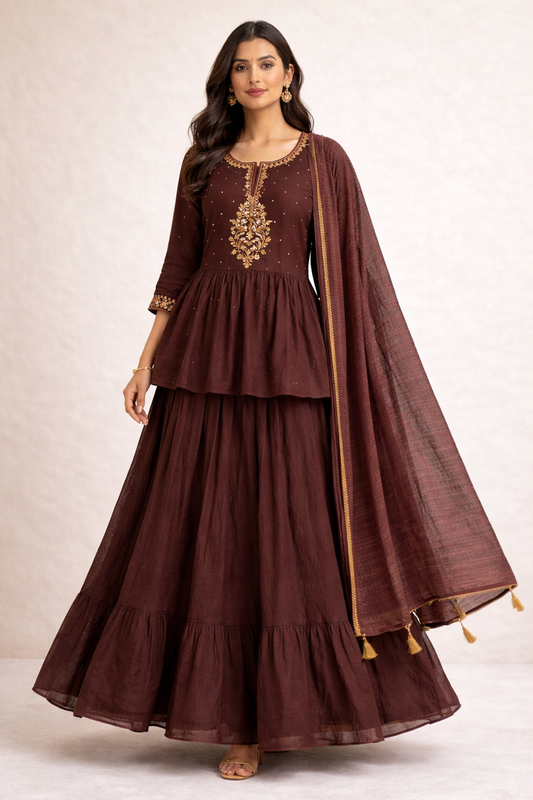 Cocoa Brown Embroidered Tiered Suit Set (3-Piece)