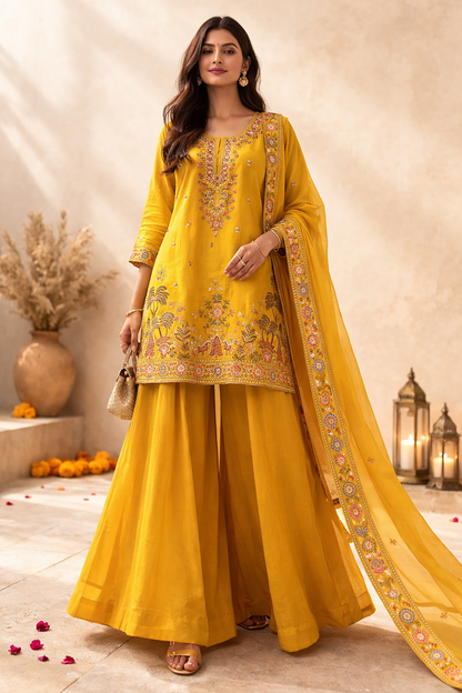 Mustard Gold Embroidered Festive Suit Set (3-Piece)