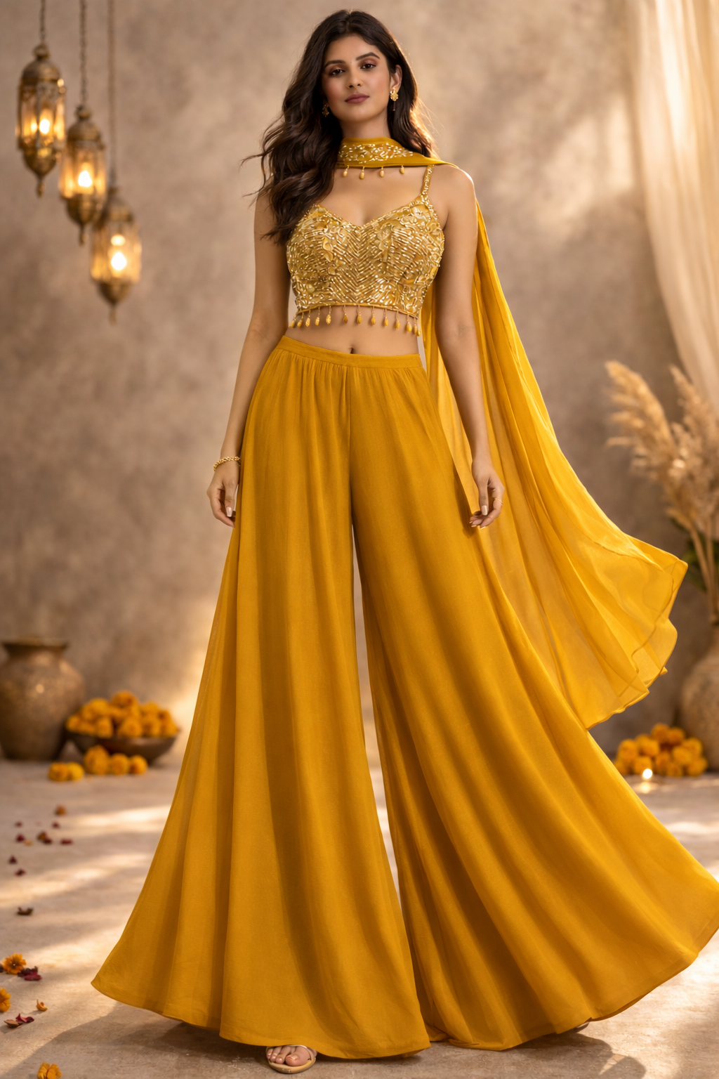 Yellow Mustard Embroidered Palazzo Set (3-Piece)