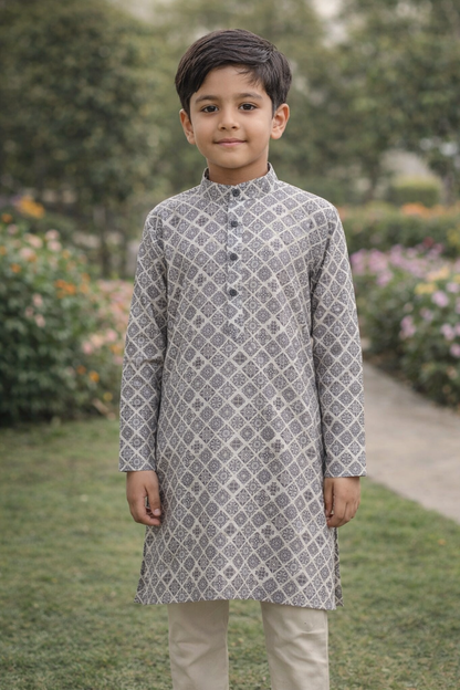 Boys Grey Geometric Print Kurta Set