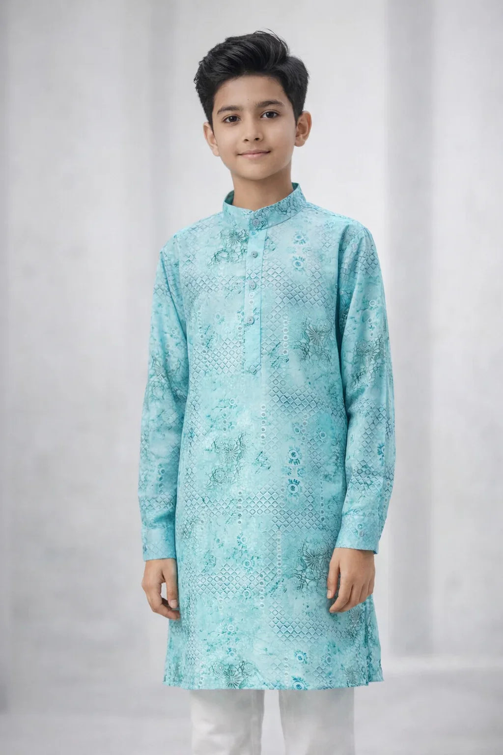 Boy wearing pastel aqua blue woven festive kurta set front view