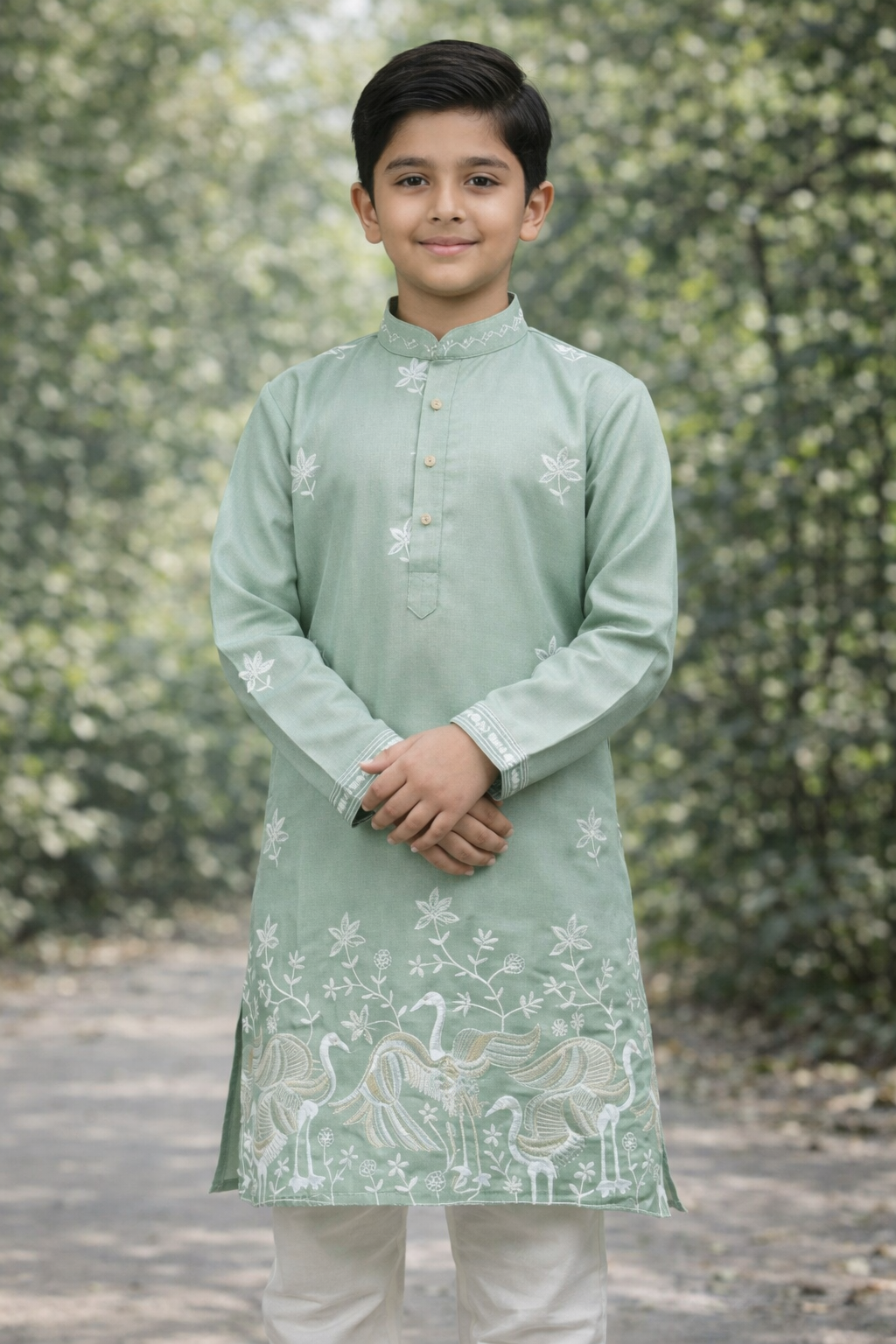 Boys Sage Green Embroidered Kurta Set