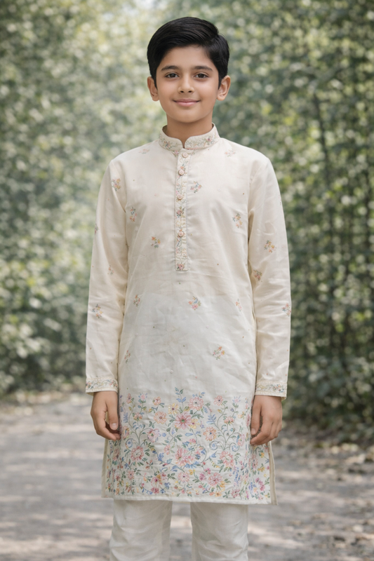 Boys Ivory White Embroidered Kurta Set