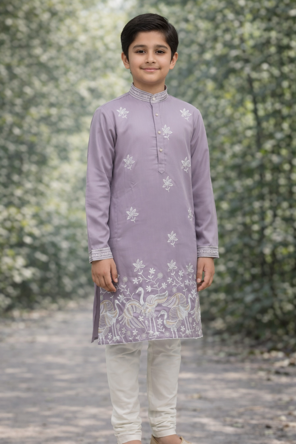 Boys Light Purple Embroidered Kurta Set
