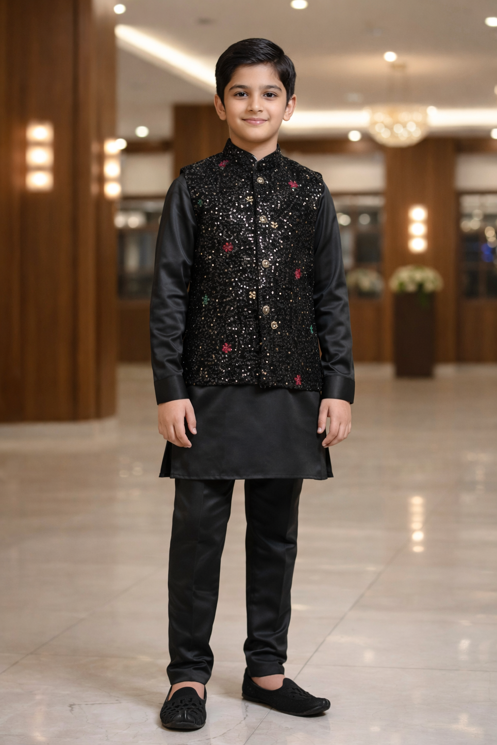 Boys Black Sequins Waistcoat Kurta Set