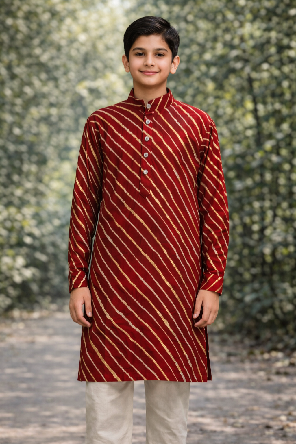 Boys Scarlet Red Striped Kurta Set
