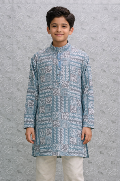 Boys Dusty Blue Printed Kurta Set