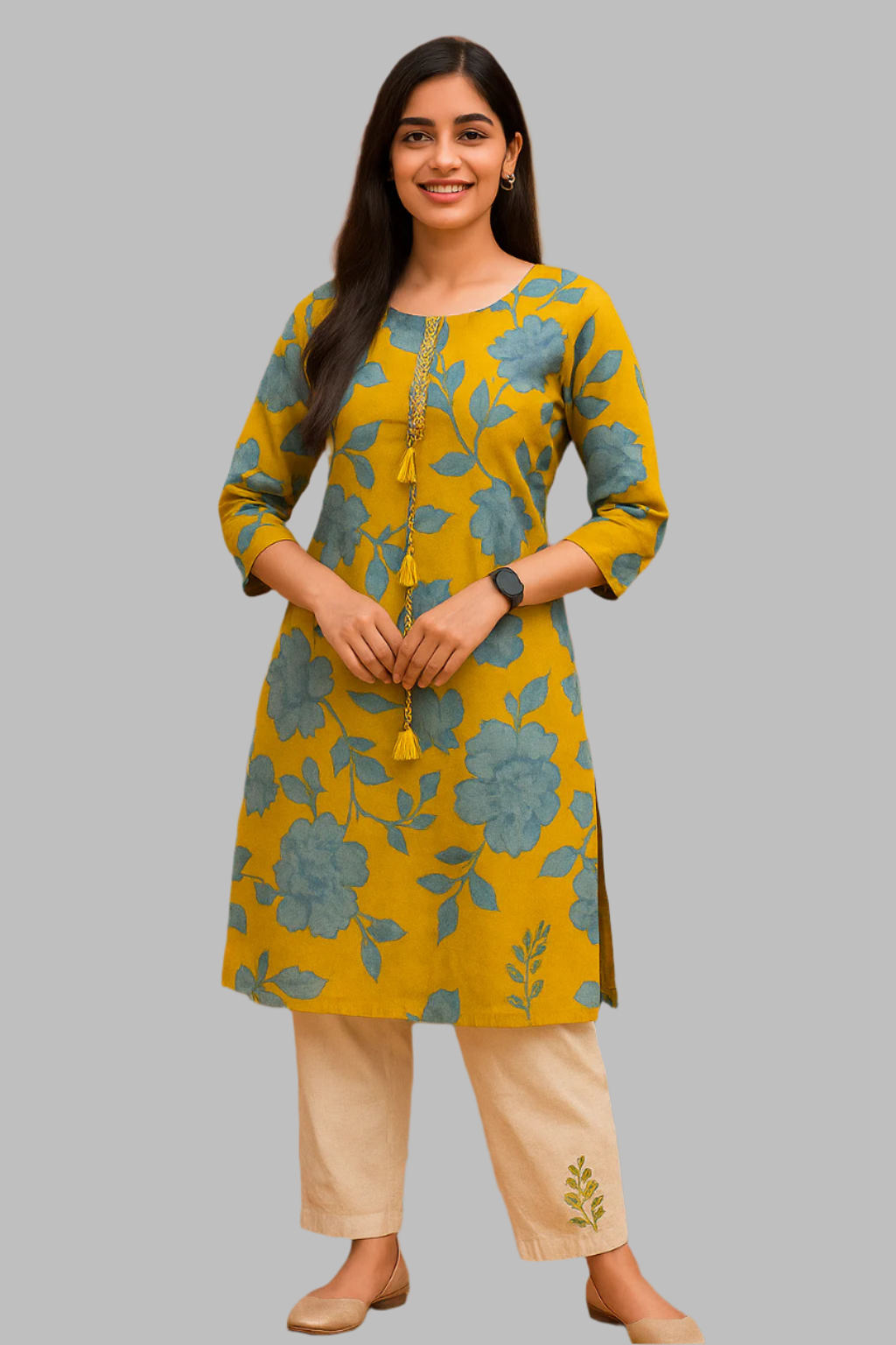 Floral Mustard Kurta Set with Embroidered Pant