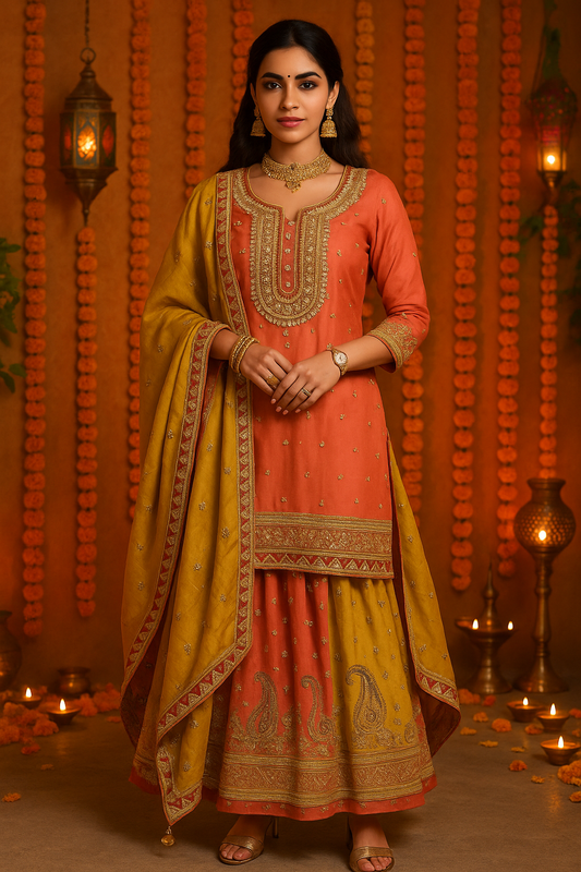 Peach Gold Embroidered Kurta Lehenga Set with Velvet Dupatta