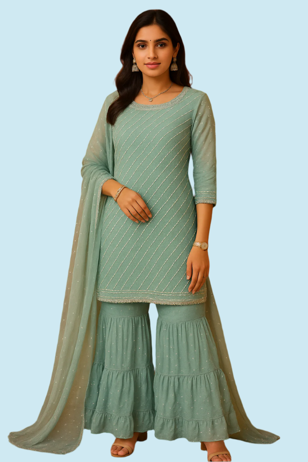 Aqua Blue Mirror Work Sharara Set