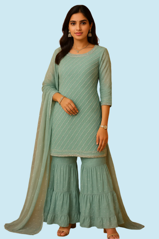 Aqua Blue Mirror Work Sharara Set