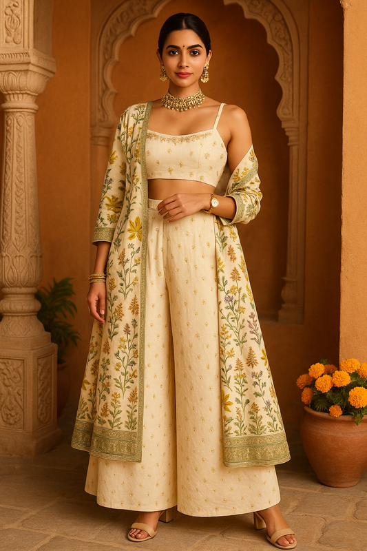 Cream Floral Jacket Set with Sleeveless Crop Top & Palazzo